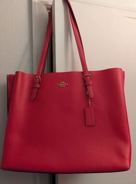 Coach Pink-Red Leather Tote with Gold Logo
